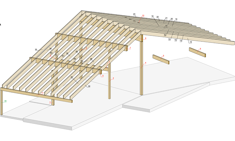 Beige takbjelker og stolper plassert på grå betongplate, merket med røde tall
