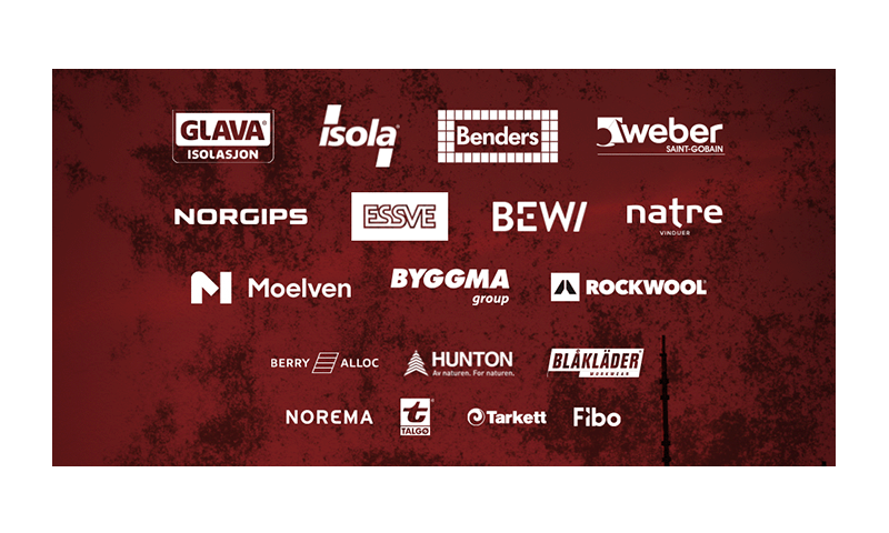Logoer fra ulike byggevaremerker på mørkerød bakgrunn, inkludert Glava, Isola, Benders, Weber og flere andre leverandører.