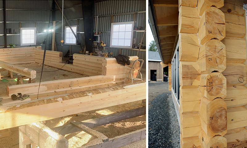 Til venstre: tømmervegg under bygging i metallhall. Til høyre: detalj av hjørne med merkede stokker.