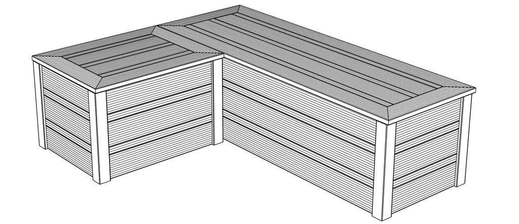 Sort-hvitt skisse av L-formet treplantekasse med horisontale planker.