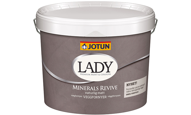 Gråbrun Jotun Lady Minerals Revive malingsbøtte med hvitt lokk og “Nyhet!”-etikett.
