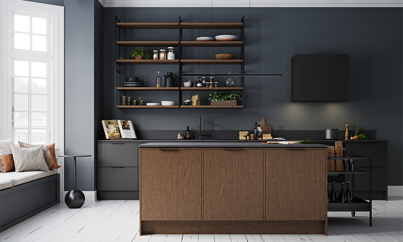 Moderne kjøkken med mørkegrå vegger, tre-øy, svarte hyller med servise og vindusbenk med puter