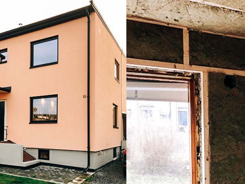 To-delt bilde: Beige toetasjes hus med svarte vinduer og rå, uferdig betongvegg med vindusåpning