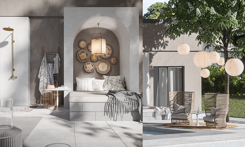 Stilig uteområde: grå benk med puter, kurvdekor, gulldusj, rottingstoler under tre og papirlanterner.