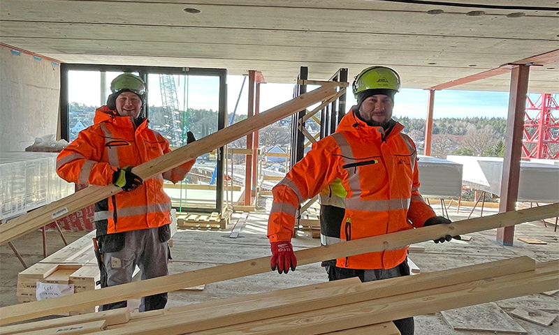To byggarbeidere i oransje jakker og gule hjelmer bærer treplanker inne på byggeplass.