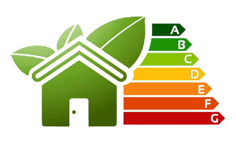 Grønt hus med blader og fargeskala for energiklasser A (grønn)–G (rød)