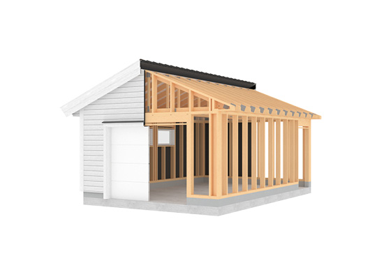 3D-modell av hus under oppføring med hvit ytterkledning, svart tak og lys treramme