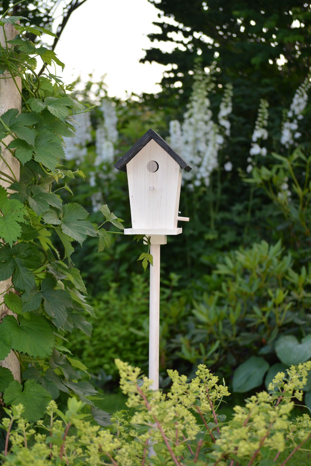Hvit fuglekasse med svart tak på stang i frodig hage med grønne blader og hvite revebjeller.
