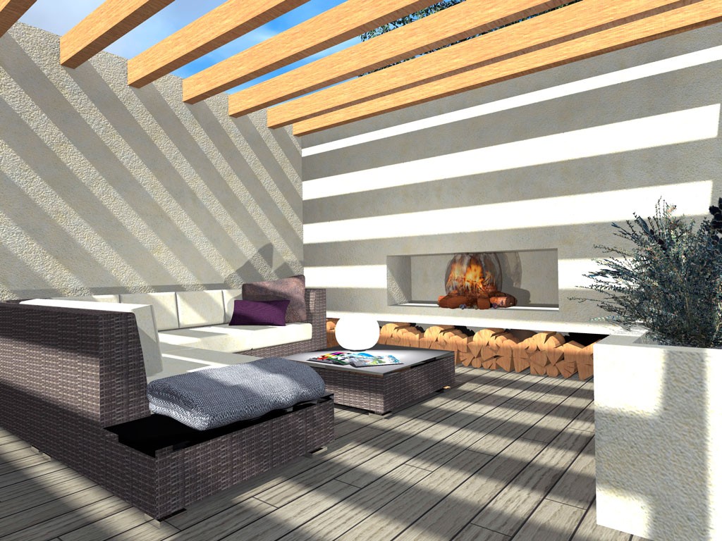 Utendørs lounge med rattansofa, innebygd peis, vedstabel og solstriper fra trebjelker.