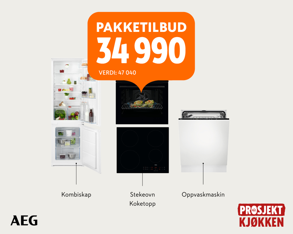 Pakketilbud på AEG kjøkkenapparater: kombiskap, stekeovn, koketopp og oppvaskmaskin for 34 990 kr (verdi 47 040 kr).