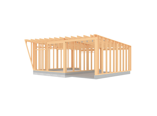 3D-rendering av lys trehusramme på grått betongfundament