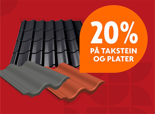 Svart, grå og rød takstein med oransje sirkel som viser 20% rabatt på takstein og plater mot rød bakgrunn.