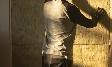 Arbeider med gult isolasjonsmateriale mot vegg, iført grå genser og hansker.