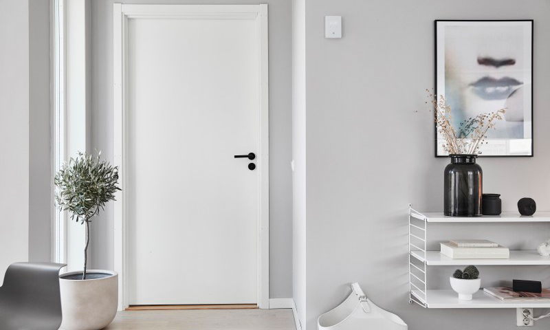 Lysegrå gang med hvit dør, oliventre i hvit potte, hylle med svart vase og abstrakt kunst