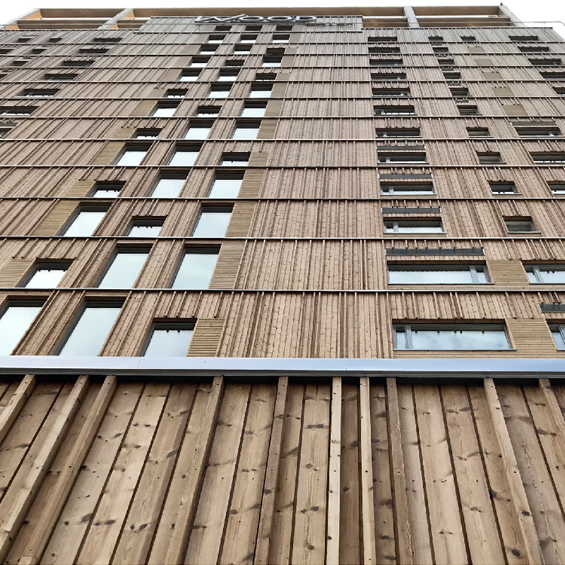 Oppoverperspektiv av moderne trefasade med vertikale lysebrune planker og vinduer