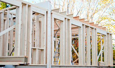 Uferdig husramme i lyse trestendere med stige, omgitt av høstfarget løvverk