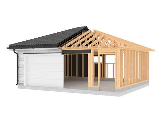 Illustrasjon av halvferdig garasje med hvite vegger, svart tak og synlige trestendere.