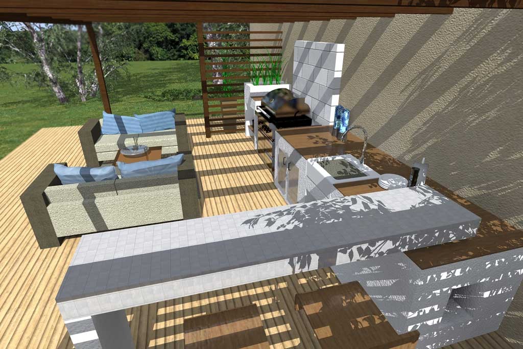 Utendørs lounge på treterrasse med pergola, beige sofaer med blå puter, utekjøkken og gressplen.