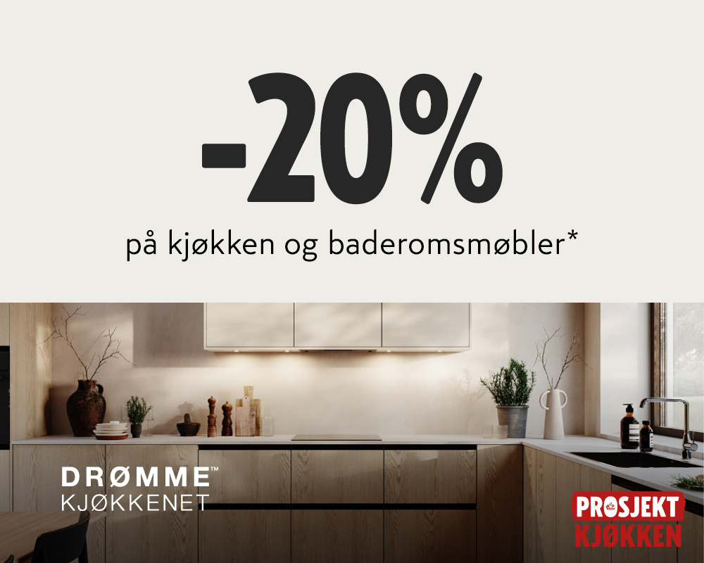 Annonse fra Prosjekt Kjøkken med 20% rabatt på kjøkken og baderomsmøbler, med bilde av et moderne kjøkken.