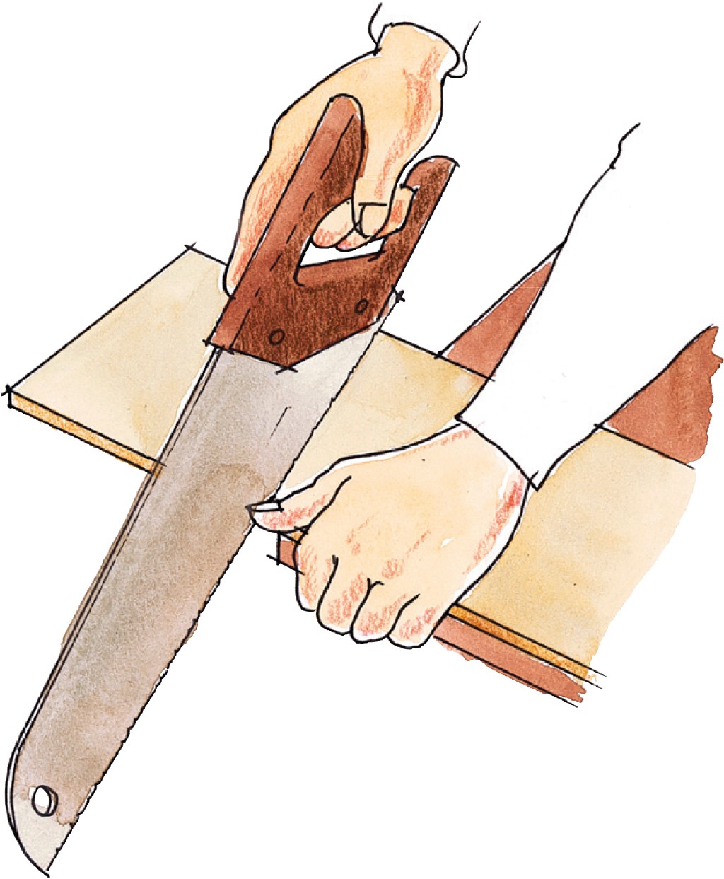 Tegning av to hender som sager en lys treplate med en håndsag med brunt grep.