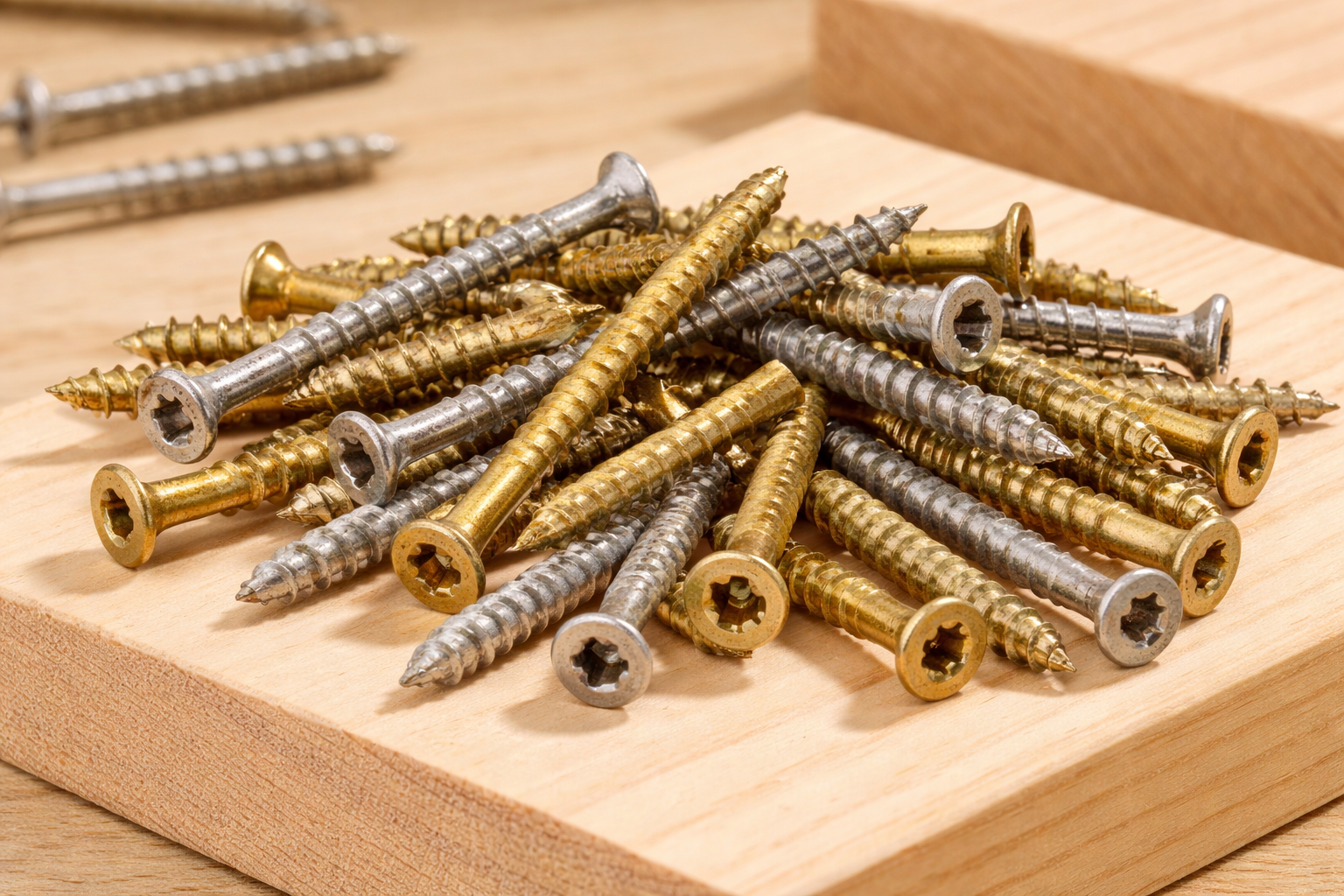 Sølv og gullfargede treskurer liggende i en haug på en planke. Bilde er laget at ChatGPT