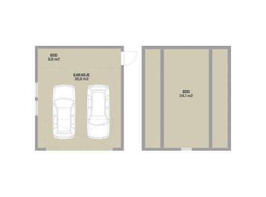 Grå-beige plantegning: venstre dobbelgarasje med to hvite biler og 8,8 m² bod, høyre 24,1 m² bod.
