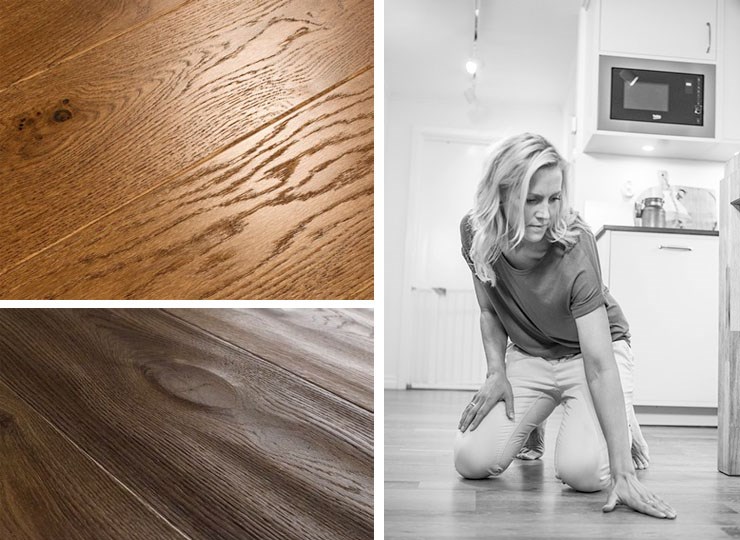 Lyst og mørkt eikegulv til venstre, kvinne på kne på lyst tregulv i hvitt kjøkken.