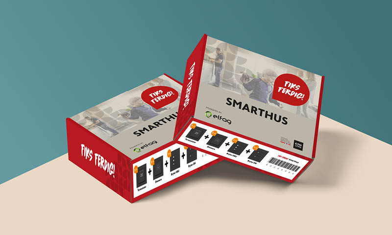 To røde og grå Smarthus-kasser med montørbilde, “Fiks ferdig!”-snakkeboble og elfag-logo