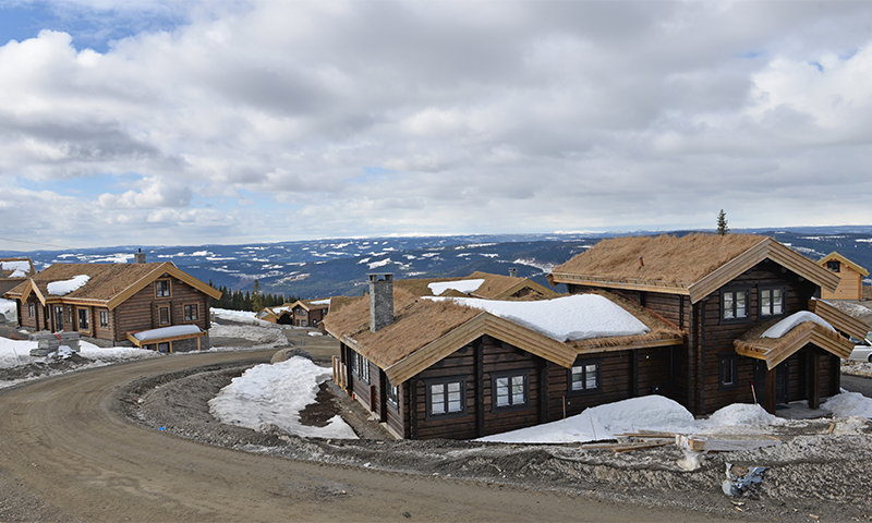 Tre tømmerhytter med torvtak dekket av snø under skyet himmel ved en vintervei.