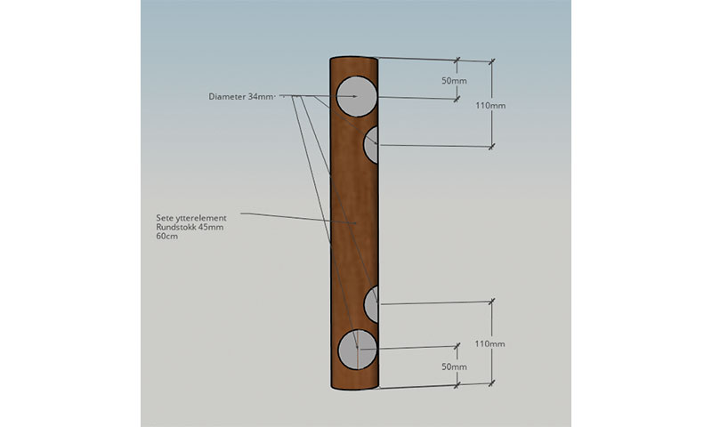 Teknisk tegning av brun rundstokk med tre 34 mm hull, jevnt fordelt, mål vist med linjer.