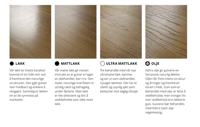 Fire side om side-bilder av lyst eikegulv med tydelige årringer og plankemønster.