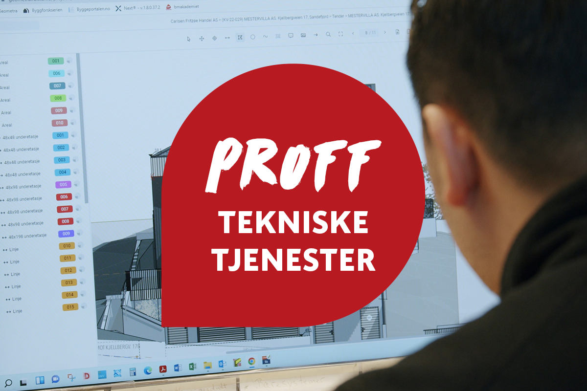 Mann bakfra foran PC-skjerm med 3D-byggtegning og rødt emblem PROFF Tekniske tjenester