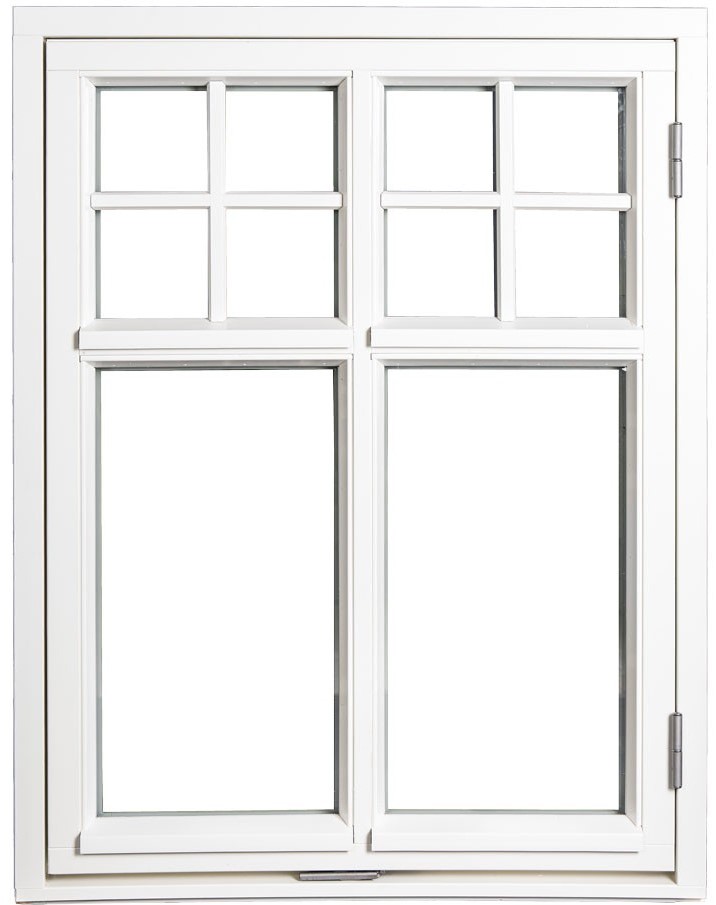 Hvitt tregittervindu med seks små ruter øverst og to store ruter nederst.