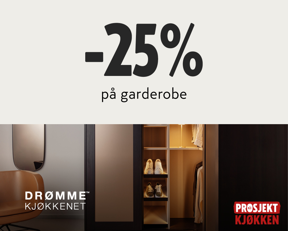 Annonse fra Prosjekt Kjøkken med 25% rabatt på garderobe, med bilde av en mørk innebygd garderobe med sko og klær.
