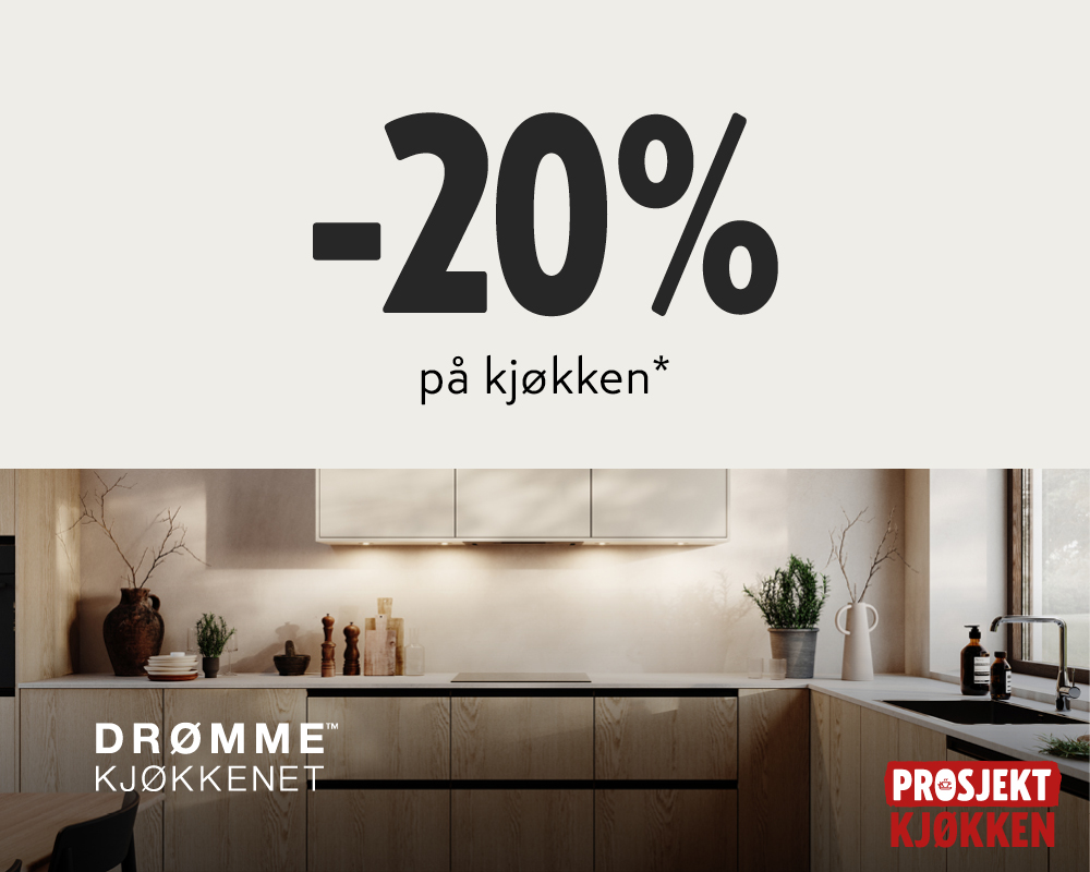 20% rabatt på kjøkken, med bilde av et moderne treinnredet kjøkken fra Drømme Kjøkkenet og Prosjekt Kjøkken.