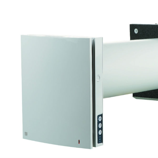 Hvit, kvadratisk veggventil med rund luftkanal og vertikale betjeningsknapper.