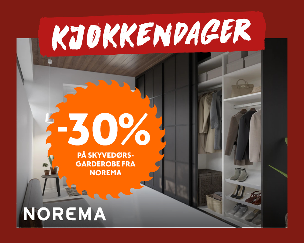 Norema Kjøkkendager: 30% rabatt på skyvedørsgarderobe. Bildet viser en moderne garderobe med mørke skyvedører.