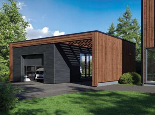 Moderne garasje i svart fasade og brun trekledning, pergola-skygger, grønt gress og trær