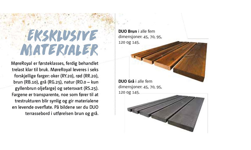 Oppslag med overskrift “Eksklusive materialer”, tekst om MøreRoyal og bilder av DUO terrassebord i brun og grå.