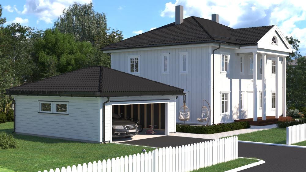 Hvit toetasjes villa med søylefasade, svart tak, åpen garasje med Audi, hage og hvitt stakittgjerde.