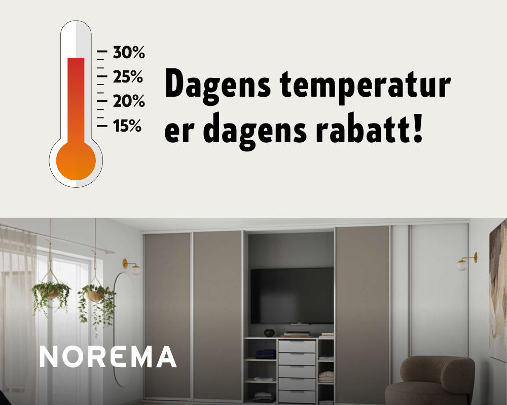 Norema-annonse med termometer og teksten "Dagens temperatur er dagens rabatt!" over bilde av en grå skyvedørsgarderobe.