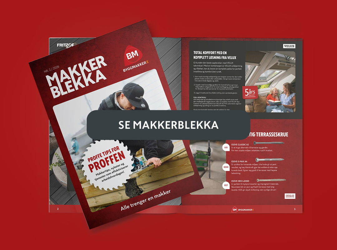 To utgaver av Makkerblekka, et magasin fra Byggmakker, vist mot rød bakgrunn med teksten "Se Makkerblekka".