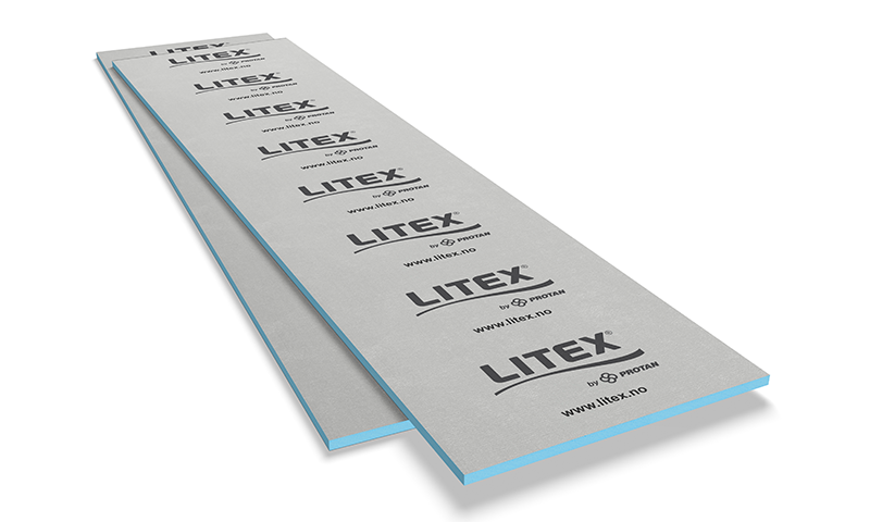 To grå isolasjonsplater med blå kjerne, merket LITEX, på hvit bakgrunn.