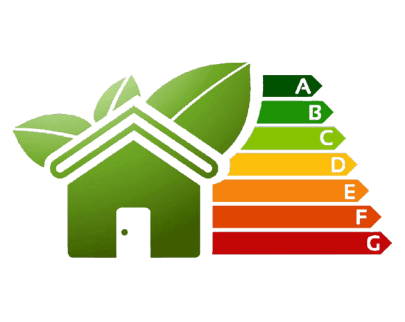 Grønt hus med blader bak og energimerking fra A (grønn) til G (rød)