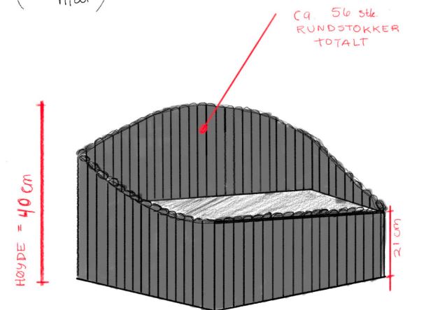Håndtegnet grå boks med 56 vertikale rundstokker, buet topprand og røde målmarkeringer