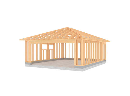 Husramme i lyst tre med taksperrer på betonggrunn, på hvit bakgrunn