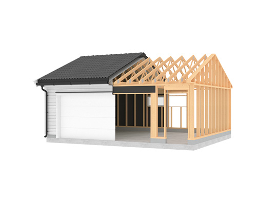 3D-modell av hvit garasje med svart tak og uferdig lys treverkstamme