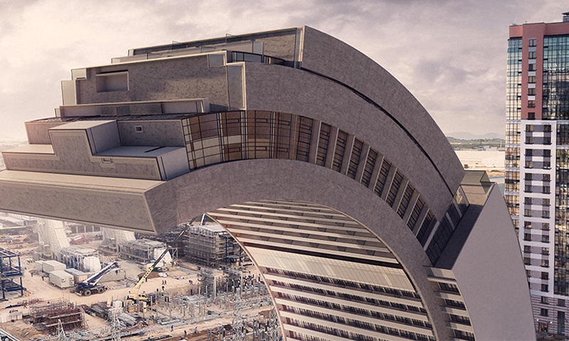 Beige, buet moderne bygg over byggeplass, skyskraper til høyre og dempet rosa himmel.