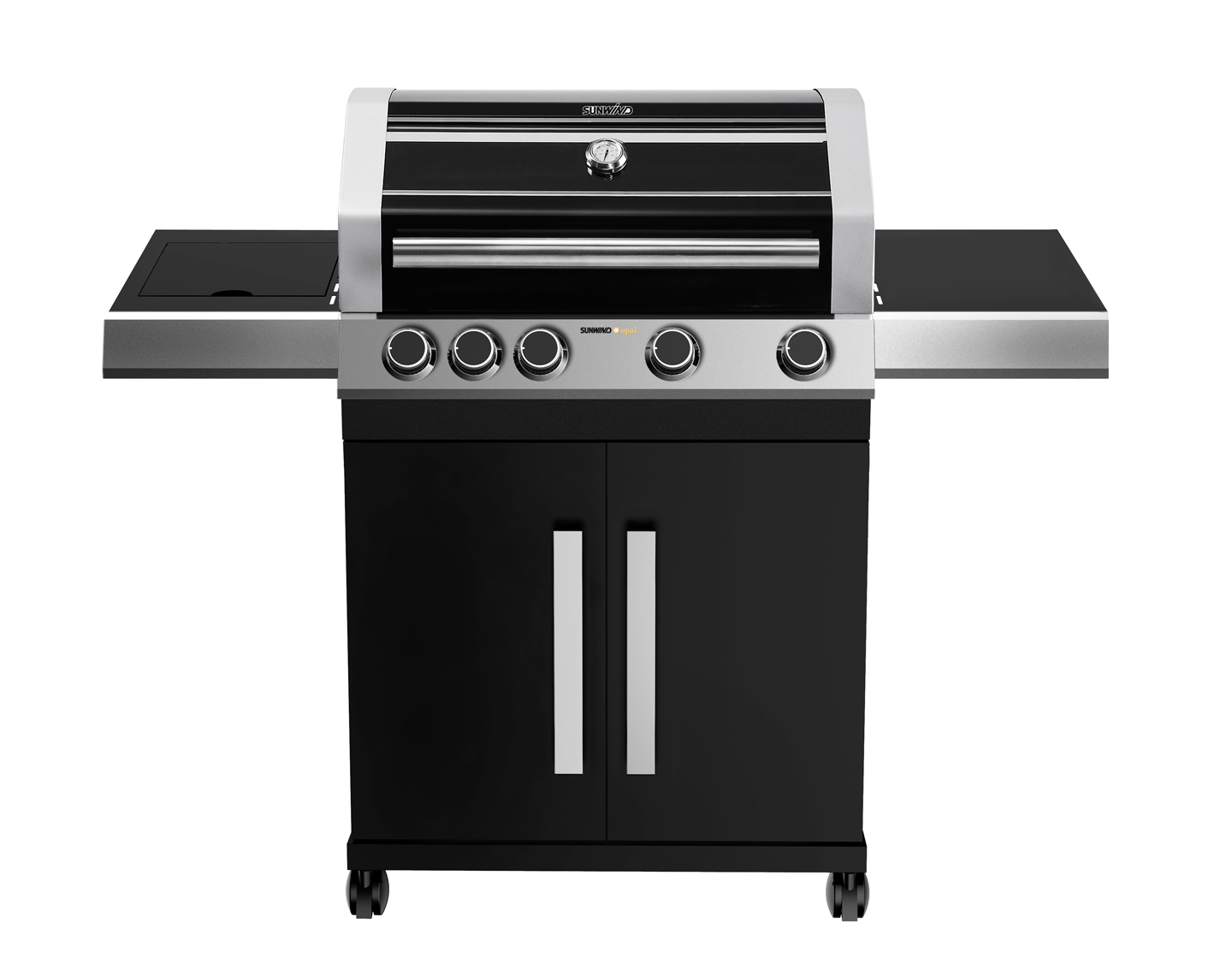 Moderne svart og sølvgrill med fire knotter, sidebord og lukket skap på hjul.