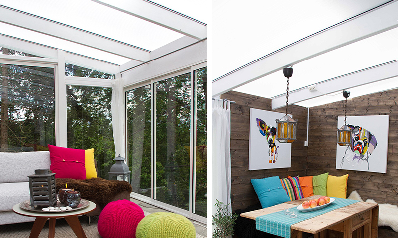 Lyst vinterhagehjørne med fargerike puter, puffer, trebord med epler og moderne hundemalerier.